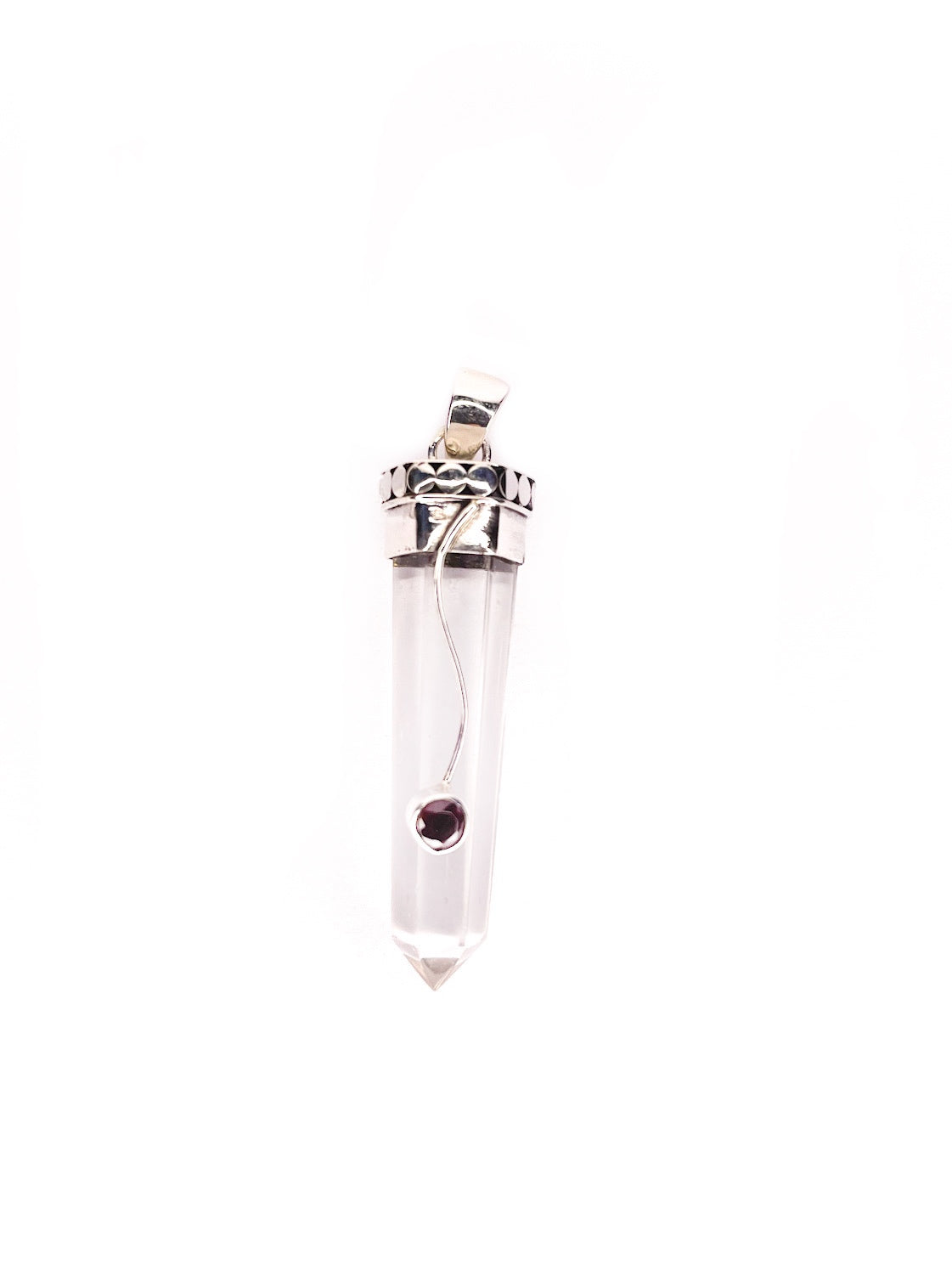 Clear quarts point & garnet silver pendant