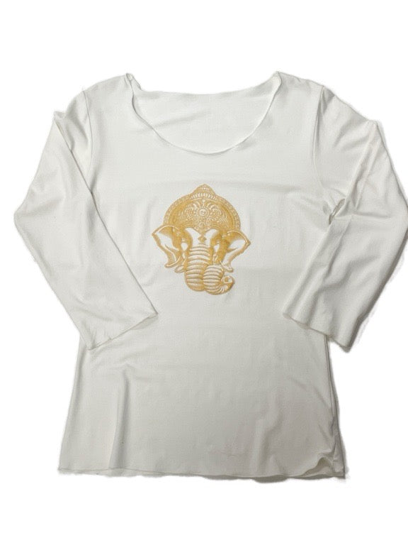 White long-sleeve shirt with a gold elephant design on a white background