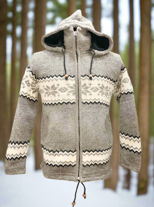Grey, Cream and Black wool knitted jacket with zip, removable hoodie
