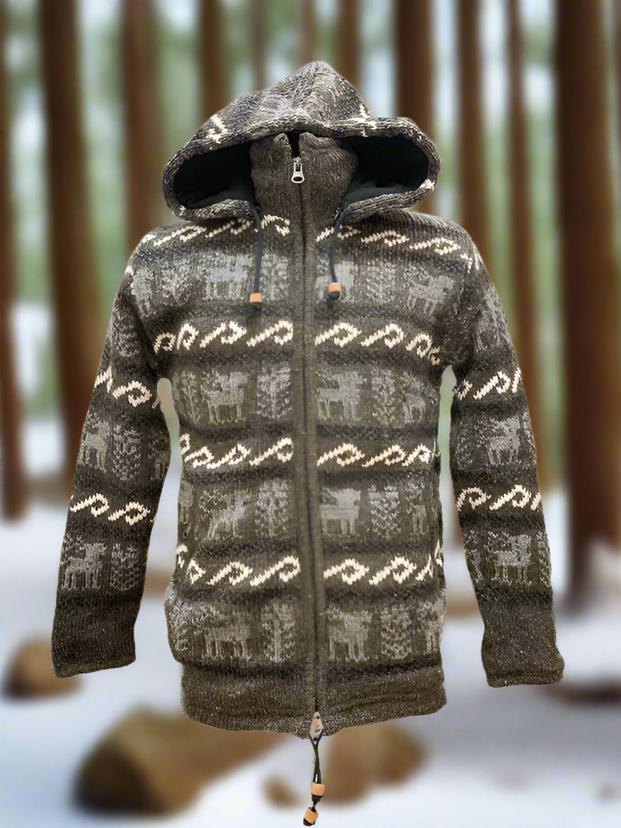 A zip-through fleece lined hoodie in grey with a white wave pattern, featuring a removable hood and two pockets.