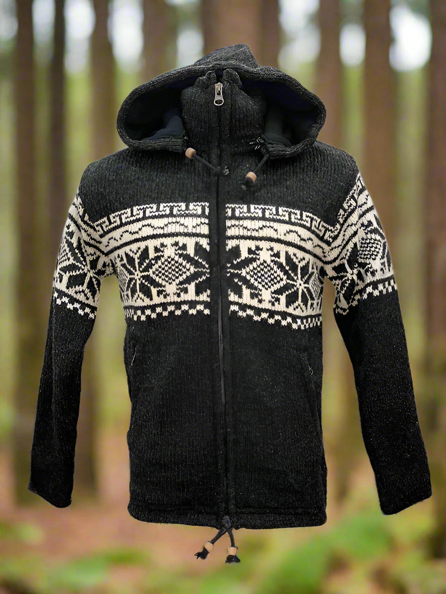 A wool zip through fleece lined hoodie in charcoal and cream colours with a removable hood, two outside pockets, and an inner breast pocket on fleece lining.
