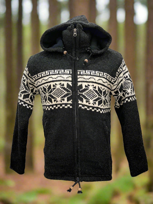 A wool zip through fleece lined hoodie in charcoal and cream colours with a removable hood, two outside pockets, and an inner breast pocket on fleece lining.