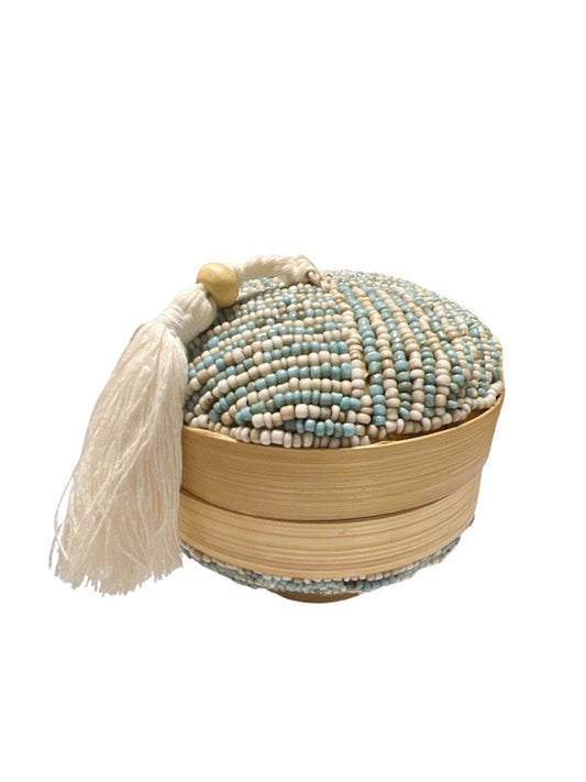 ❤Round Cream & Blue beaded bamboo jewellery box
