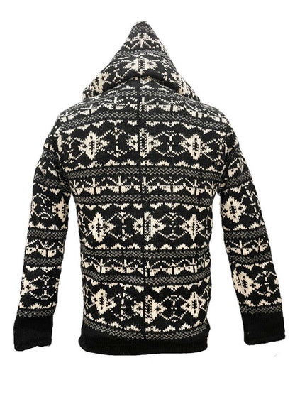 ❤Wool Zip Through Fleece Lined Hoodie - Black, grey, cream geometric