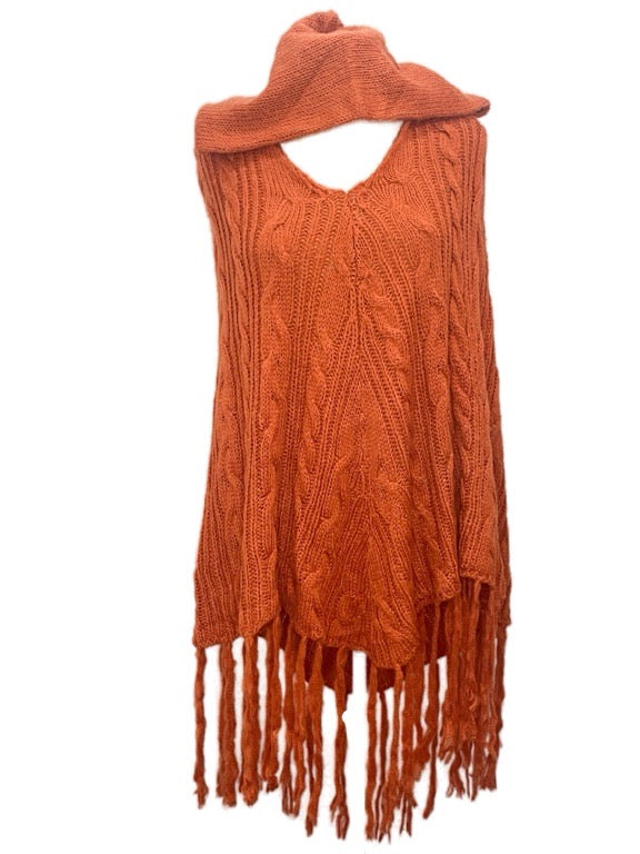 ❤Poncho with cables, hoody & tassels