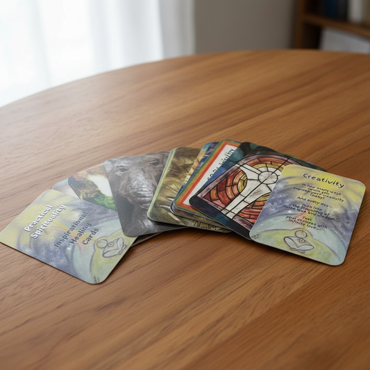 Set of tarot cards on a wooden table with a blurred background