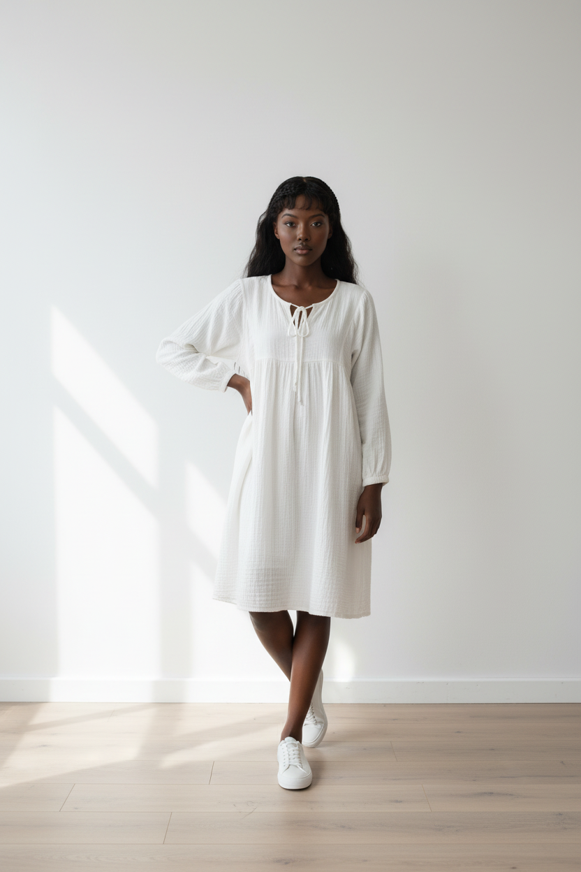 Woman wearing a white dress standing in a minimalistic room with a white wall and wooden floor.