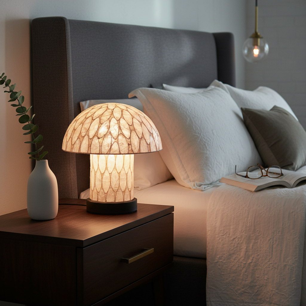 Lamp on a nightstand next to a bed with pillows and a book.