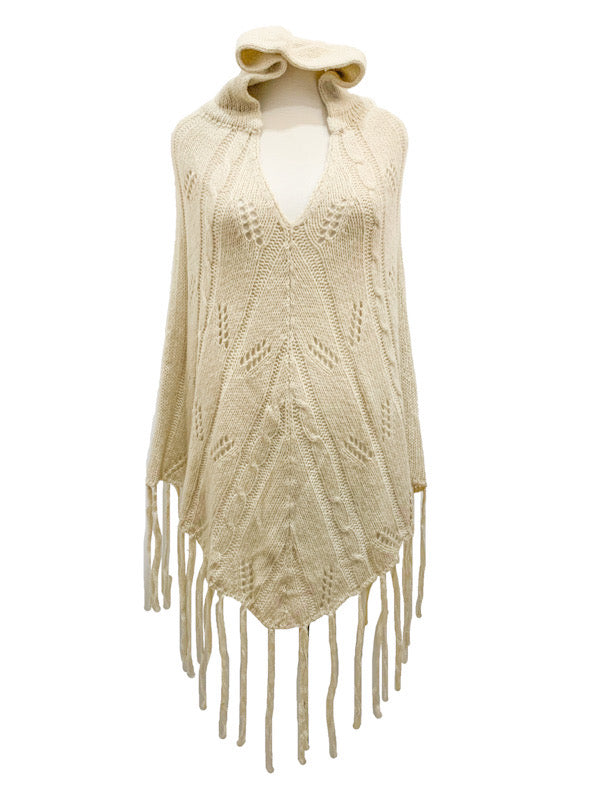 ❤Poncho with cables, hoody & tassels