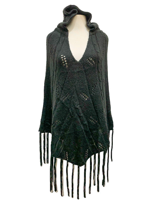 ❤Poncho with cables, hoody & tassels